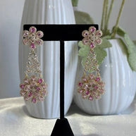 Pink Floral CZ Gold Tone Chandelier Earrings Pakistani Indian Bridal Jewelry