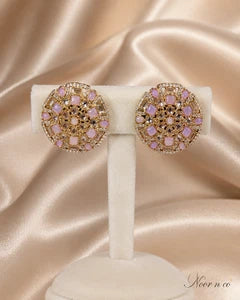 Pink Lavender Gold Tone CZ Round Statement Earrings Indian Pakistani Jewelry