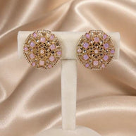 Pink Lavender Gold Tone CZ Round Statement Earrings Indian Pakistani Jewelry