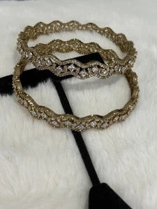 Gold Tone American Diamond Bangles Set Size 2.10 Elegant Wavy Crystal Design
