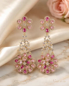Pink Floral CZ Gold Tone Chandelier Earrings Pakistani Indian Bridal Jewelry