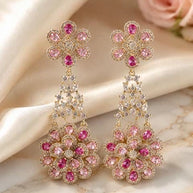 Pink Floral CZ Gold Tone Chandelier Earrings Pakistani Indian Bridal Jewelry