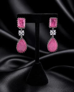 Pink CZ Silver Tone Drop Earrings Indian Pakistani Statement Jewelry