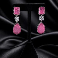 Pink CZ Silver Tone Drop Earrings Indian Pakistani Statement Jewelry
