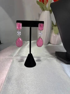Pink CZ Silver Tone Drop Earrings Indian Pakistani Statement Jewelry