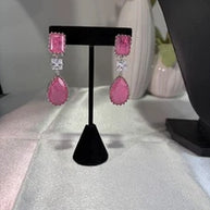 Pink CZ Silver Tone Drop Earrings Indian Pakistani Statement Jewelry