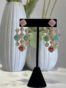 Multicolor CZ Gold Tone Chandelier Earrings Pakistani Indian Statement Jewelry