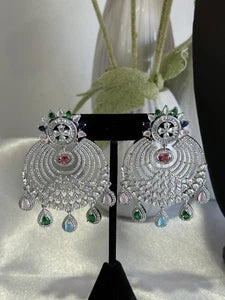 Multicolor CZ Chandbali Earrings Silver Tone Pakistani Indian Jewelry