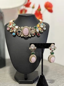 Sabyasachi Inspired Necklace Earrings Set | Pink Stone Multicolor Gem Bridal Jew