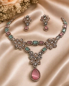 Vintage Inspired Pink- Green Crystal Jewelry Set – Statement Necklace & Earrings