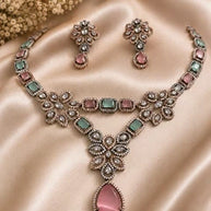 Vintage Inspired Pink- Green Crystal Jewelry Set – Statement Necklace & Earrings