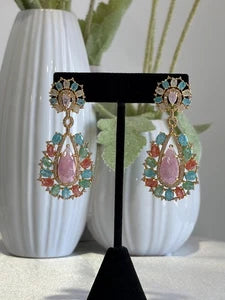 Pastel Multicolor CZ Gold Tone Teardrop Earrings Pakistani Indian Jewelry