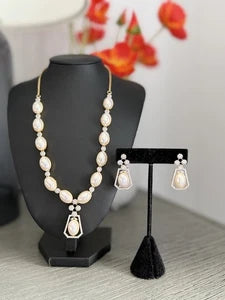 Elegant Pearl & Crystal Statement Jewelry Set | Gold Tone Necklace and Earrings