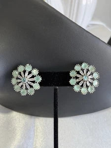 Mint Green CZ Floral Stud Earrings Silver Tone Pakistani Jewelry