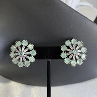 Mint Green CZ Floral Stud Earrings Silver Tone Pakistani Jewelry