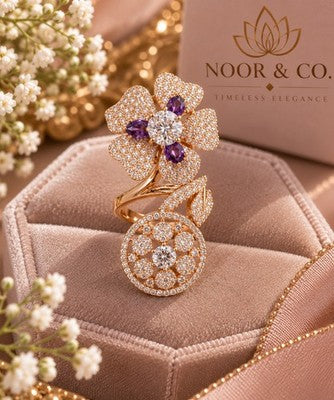 Purple Floral Double-Design Statement Ring