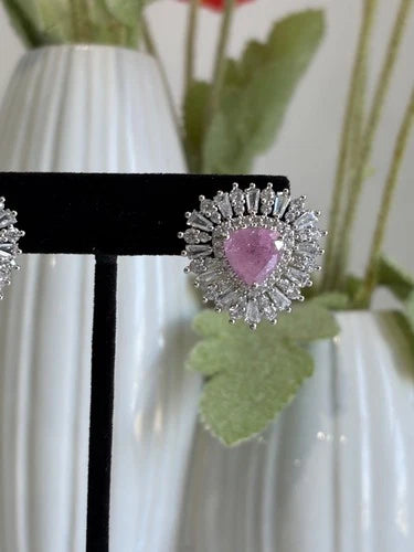 Pink & Green Stone Halo Stud Earrings Silver Tone CZ Statement Jewelry