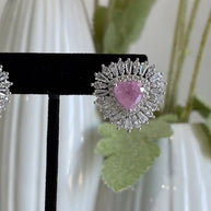 Pink & Green Stone Halo Stud Earrings Silver Tone CZ Statement Jewelry