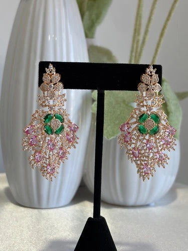 Green Pink CZ Gold Tone Chandelier Earrings Pakistani Indian Bridal Jewelry