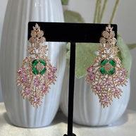 Green Pink CZ Gold Tone Chandelier Earrings Pakistani Indian Bridal Jewelry