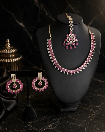 Pink CZ Gold Tone Necklace Earrings Tikka Set Indian Pakistani Bridal Jewelry