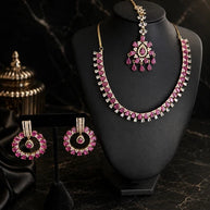 Pink CZ Gold Tone Necklace Earrings Tikka Set Indian Pakistani Bridal Jewelry