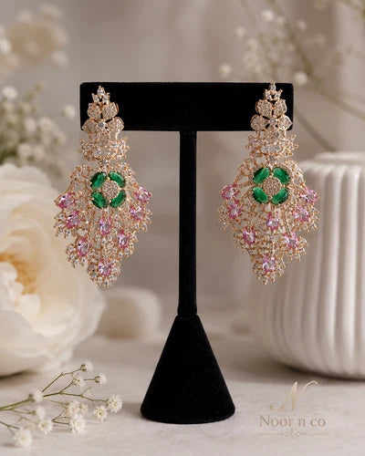 Green Pink CZ Gold Tone Chandelier Earrings Pakistani Indian Bridal Jewelry