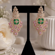 Green Pink CZ Gold Tone Chandelier Earrings Pakistani Indian Bridal Jewelry