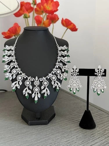 Emerald Green CZ Crystal Silver Necklace Earrings Set Indian Bridal Jewelry