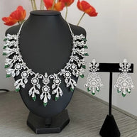 Emerald Green CZ Crystal Silver Necklace Earrings Set Indian Bridal Jewelry