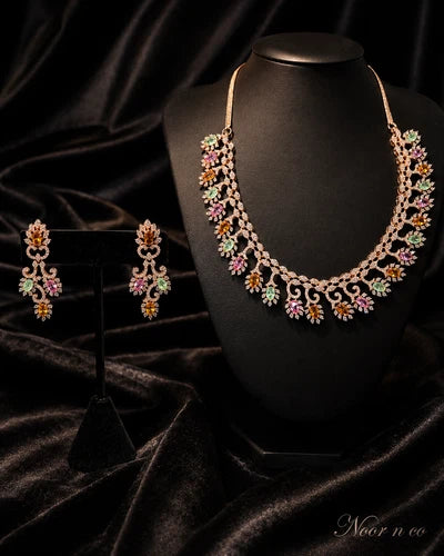 Rose Gold Multicolor CZ Necklace Earrings Set Indian Pakistani Bridal Jewelry