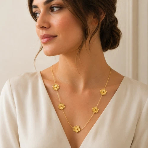 Gold Tone Floral Station Necklace Five Flower Long Chain Fashion Jewelry