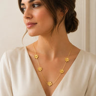 Gold Tone Floral Station Necklace Five Flower Long Chain Fashion Jewelry