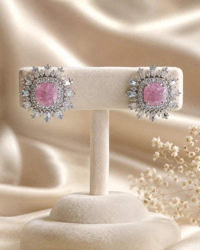 Pink Stone CZ Silver Tone Halo Stud Earrings Pakistani Indian Jewelry