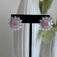 Pink Stone CZ Silver Tone Halo Stud Earrings Pakistani Indian Jewelry