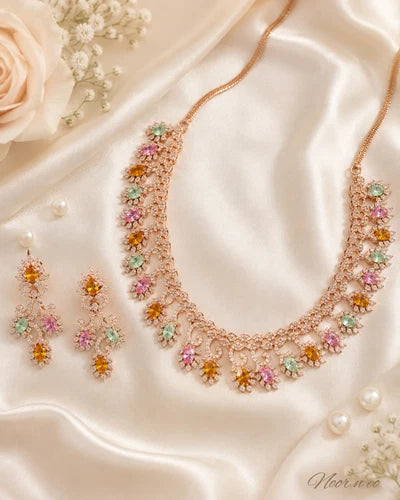 Rose Gold Multicolor CZ Necklace Earrings Set Indian Pakistani Bridal Jewelry