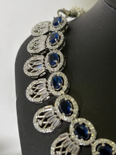 Navy Blue & Silver Tone CZ Necklace Earrings Set | Elegant Statement Jewelry