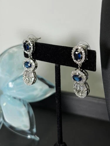 Navy Blue & Silver Tone CZ Necklace Earrings Set | Elegant Statement Jewelry
