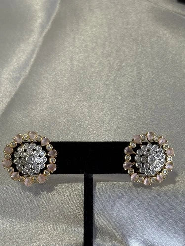 Baby Pink CZ Floral Stud Earrings Gold Tone Party Jewelry