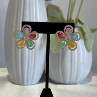 Multicolor Flower CZ Gold Tone Stud Earrings Pakistani Indian Jewelry