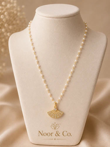 Gold Tone Fan Pendant Necklace Pearl Look Beaded Chain Sparkling Fashion Jewelry