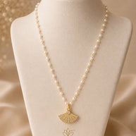 Gold Tone Fan Pendant Necklace Pearl Look Beaded Chain Sparkling Fashion Jewelry