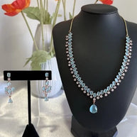 Aqua Blue Crystal Necklace & Earrings Set Rose Gold Tone Jewelry