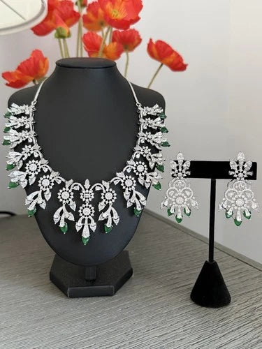 Emerald Green CZ Crystal Silver Necklace Earrings Set Indian Bridal Jewelry