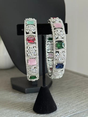 Multicolor CZ Silver Tone Bangle Bracelet Set of 2 Indian Pakistani Jewelry 2.10