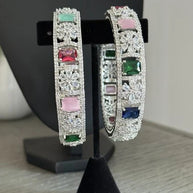 Multicolor CZ Silver Tone Bangle Bracelet Set of 2 Indian Pakistani Jewelry 2.10
