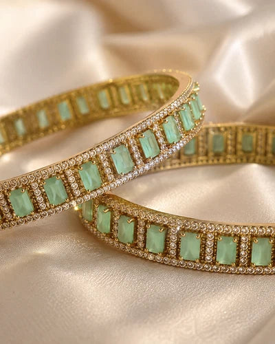Mint Green CZ Gold Tone Bangle Bracelet Set of 2 Indian Pakistani Jewelry 2.10