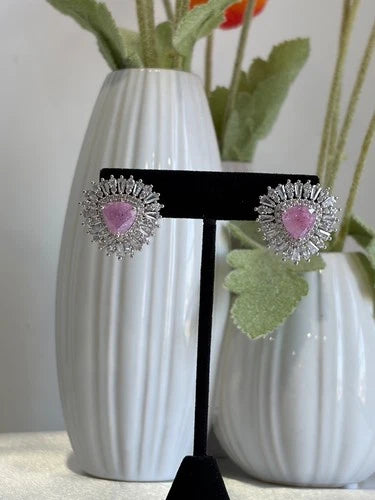 Pink & Green Stone Halo Stud Earrings Silver Tone CZ Statement Jewelry