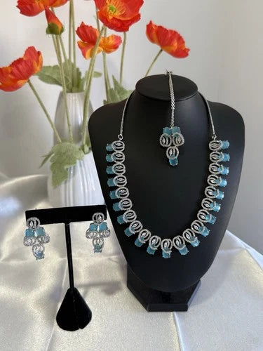 Aqua Blue CZ Necklace Earrings Tikka Set Silver Tone Pakistani Jewelry