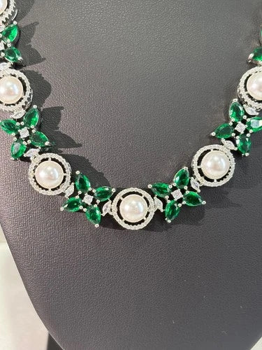 Emerald Green Pearl CZ Silver Tone Necklace Earrings Set